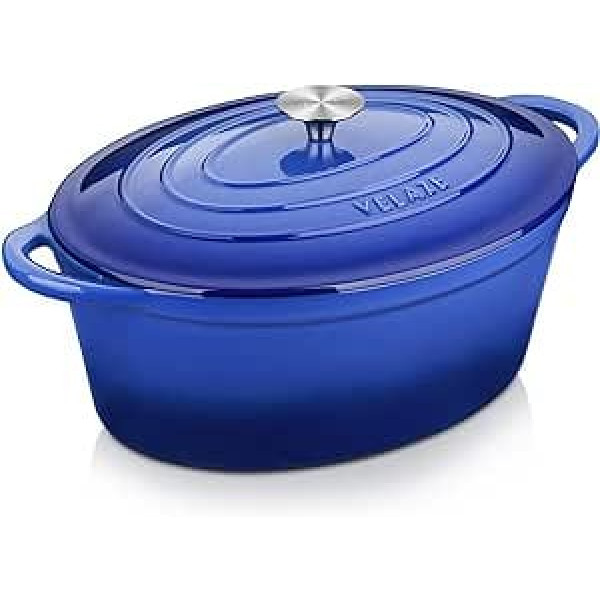 Velaze Cast Iron Roasting Dish with Lid, 34 cm, Oval Cast Iron Pot, 7 L, Large Enamel Pot, Bread Baking Mould with Lid, Cast Iron Pot, Bread Baking, Casserole Pot Cast Iron Suitable for All Types of