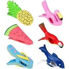 Pack of 6 Beach Towel Clips, Towel Clips for Beach Loungers, Flamingo, Parrot, Watermelon, Pineapple Chair Clips, Portable Windproof Towel Clips, Large Clothes Pegs (Pink)