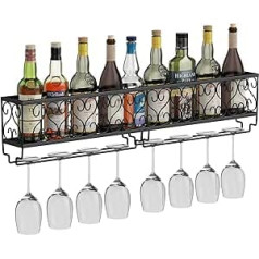 AcornFort® W-622 Metal Black Wall Hanging Mounted Wine Champagne Glass Goblets Stemware Rack Holder, 80 x 10 cm Barrel up to 9 Bottles of Wine and 9 Cups Glasses