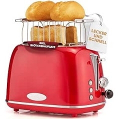 ProfiCook® Toaster in stylish vintage design, 2 slices toaster with wide slot (extra wide toast slots) and solid metal housing, retro toaster with bun attachment, PC TA 1193 red