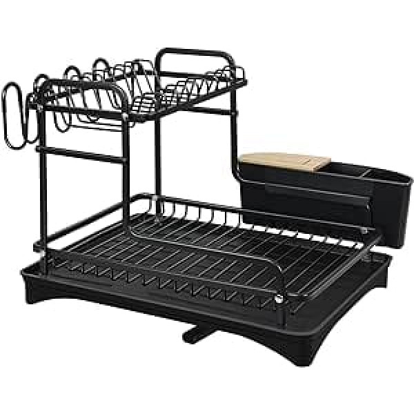 BRIAN & DANY 2 Tier Dish Drainer Aluminium Dish Drainer with Cup Holder and Cutlery Holder Basket Dish Drainer with Swivel Spout, Black