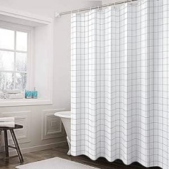 Aisaving Shower Curtain Polyester Fabric Bathroom Curtains Mildew Resistant Shower Curtains with Plastic Curtain Rings and Heavy Hem 180 x 180 cm (White Grid)