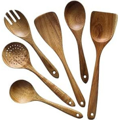 ALEXE® Kitchen Utensil Set Made of Acacia Wood, 6 Piece Kitchen Utensils Set Made of Wood (Acacia), Japanese Style, Scratch-Resistant and Heat Resistant, Cooking Spoon Wood Set for Non-Stick Pans