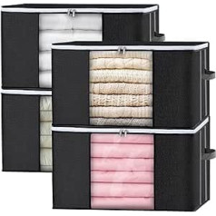 GoMaihe Storage Bag Pack of 4 Storage Box with Lid, Large, Clothes Storage, Foldable Storage Boxes for Duvets, Clothes, Blankets, Organiser, Reinforced Handle, Zip, Black
