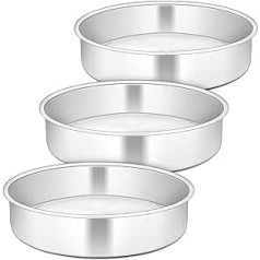 20.3 cm Cake Pan for Baking, Herogo Stainless Steel Round Cake Pan, Set of 3, Layer Cake Pan, Tin Moulds for Birthday, 5 cm Depth and Seamless Design, Durable and Dishwasher Safe