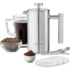 andrew james Double Wall Stainless Steel Coffee Animals Gift Set with Coffee Measuring Spoon and Bag Sealing Clip, Delicious French Press Coffee, Easy to Clean (600ml, Stainless Steel)