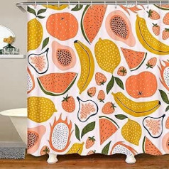 Fruit Shower Curtain Textile Strawberry Watermelon Shower Curtain 180 x 200 cm for Children Adults Cute Papaya Lemon Pitaya Bath Curtain Cartoon Tropical Fruit Washable Shower Curtain Colourful