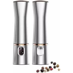 Auyeetek Electric Salt and Pepper Mill Set of 2 Stainless Steel Large 21.5 cm Grinder Spice Mill Electric Grinding Level Adjustable Battery Operated Kitchen Aid Gift Idea