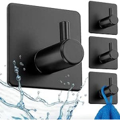 Hermar Set of 4 - Towel Hooks Black - Towel Holder without Drilling Black - Self-Adhesive - 3M Adhesive Pads Strong Hold - Bathroom, Shower & Kitchen