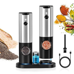 Coovee Electric Salt and Pepper Mill with Base, Rechargeable USB Automatic Operation Salt Mill with LED Light, Adjustable Coarse Grain (Pack of 2 Electric Spice Mills)