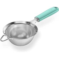 18/8 Stainless Steel Strainer: U-Taste Kitchen Metal Fine Mesh Strainer with Riveted Sturdy Silicone Handle and 30 Mesh Hole for Sieving Flour, Quinoa and Pasta (Aqua Sky, 9.9 cm)