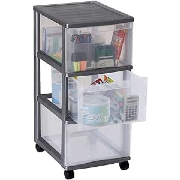 Sundis Drawer Storage Tower Container uz riteņiem 415608F096, ar 3 atvilktnēm, izgatavots no plastmasas (PP), aptuveni 38,5 x 30 x 65,5 cm (lxwxh), korpuss sudrabs/atvilktnes caurspīdīgas