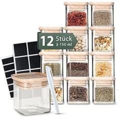 Celeko Home Spice Jars Set 150 ml Stackable Square Wooden Lid (12 Pieces) Spice Jars Spice Jars Glass Spice Storage Jars Small Jars with Lids and Labels