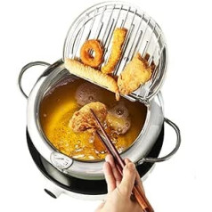 Japanese Style Deep Frying Pot, 9.5 Inch Stainless Steel with Thermometer and Lid, Deep Frying Pot, Mini Fryer, Compatible with Induction Hobs (Large Size 24 cm)