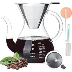 Coffee Maker 800 ml, Pour Over Coffee Maker 6-8 Cups with Handle Coffee Maker Glass with Permanent Filter Coffee Carafe Glass with Stainless Steel Hand Filter Heat Resistant