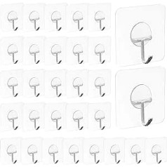 Adhesive Hooks, 30 Pack Strong Adhesive up to 15kg Seamless Transparent Wall Hooks for Towel Loofah Sponge Robe Coats Ceiling Hooks Waterproof