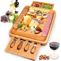 Cheese Board with Cheese Knife and 2 Drawers, Bamboo Cheese Set, Multifunctional Cheese Knife Set, Cheese Cutting Board, Cheese Cutlery, Serving Plate