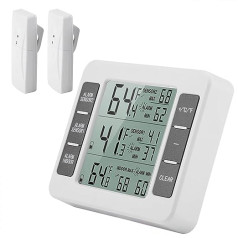 Fridge Thermometer, Outdoor Thermometer, Freezer Thermometer, Fridge Thermometer with 2 Wireless Sensors with Acoustic Alarm for Indoor and Outdoor Use, LCD Display