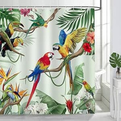 Bonhause dušas aizkars Tropical Birds Parrot Toucan Palm Leaves Dušas aizkari 180 x 180 cm Pretpelējuma ūdensizturīgs poliestera audums mazgājams vannas istabas aizkars vannas istabai ar 12 āķiem