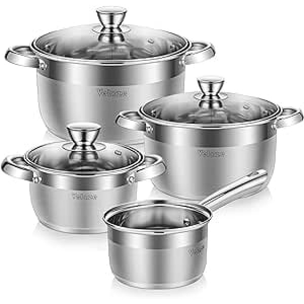 Velaze Stainless Steel Cookware Set with Glass Lids, Pot and Pan Set, Suitable for Induction Cookers