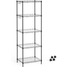 Mondeer Metal Shelf, 5-Tier Kitchen Shelf, with 8 Hooks and 4 Wheels, PP Divider, Height Adjustable, Suitable for Kitchen, Bathroom, Living Room, Balcony, Black