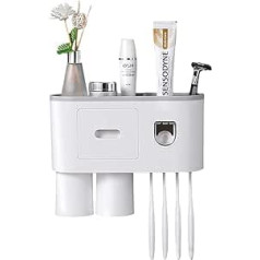 Toothbrush Holder, Wall Mounted Toothbrush Holder with Double Automatic Toothpaste Dispenser, 4 Brush Slots, 2 Magnetic Cups and Storage Organiser