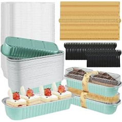 200 Pieces Mini Loaf Tins with Lids and Spoons, 200ml Non-Stick Aluminum Foil Heat Resistant Reusable Mini Loaf Pans Narrow Cake Pans Cupcake Wrappers (Green)