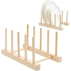 Kinsinder Set of 2 Plate Stands, Draining Rack, Bamboo Dish Draining Rack, 4 Slots, Plate Holder, Wood, Dish Drainer Wooden Plate Holder for Plates, Cups, Pot Lids