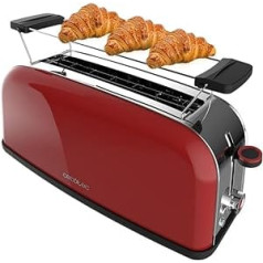 Cecotec Toastin' time 850 Red Long Vertikaler Toaster, 1 Schlitz, 850 W, 2 Brotscheiben, breiter Schlitz 3,8 cm, Brötchenhalter und Krümeltablett, Edelstahl, Rot