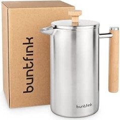 buntfink ThermoPress French Press Made of Stainless Steel and Wood, 1 L (5 Cups), Double-Walled Insulated Coffee Maker, Coffee Press + Replacement Filter + Coaster, Plastic Free Coffee Maker