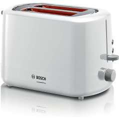 Bosch Compact Toaster CompactClass TAT3A111, Integrated Bun Attachment, with Automatic Shut-Off, with Defrosting Function, Perfect for 2 Slices of Toast, Lift Function, 800 W, White