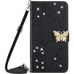 Vqwq mobilā tālruņa futrālis Xiaomi Mi 13 5G — 1,5 M Lanyard Glitter Butterfly aizsargmaciņš Xiaomi Mi 13 5G ādas futrālim kartes slota atveramam vāciņam magnēts [HT03]-Melns 1