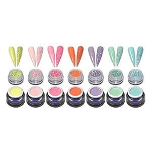 Rm Beautynails 7 x 5 ml Premium Colour Gel 7x Glitter Powder Set Spring Pastel Colours Pink Yellow Pink Nail Gel