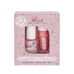 Miss Nella Pink Secret Lips & Tips Duo aromātisks lūpu spīdums + mirdzoša nagu laka bērniem ar nolobāmu ūdens bāzes formulu bez smaržas