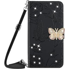 Vqwq mobilā tālruņa futrālis Xiaomi Redmi Note 11-1.5M Lanyard Glitter Butterfly aizsargmaciņš Xiaomi Redmi Note 12S 4G / Redmi Note 11 ādas futrālim kartes slots Flip Flip Case Magnet [HT03]-Black 2