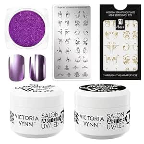 ‎Generisch Professional Nail Art Kit: Moyra Stamping Plate, Art Gel 3D in White & Black, Metallic Lilac Glitter - Ideal for Creative Manicures