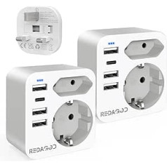 6 in 1 Travel Adapter, Redagod 2 Pack Adapter England Germany Plug with 3 USB Ports + 1 Type C (3.4A, 17W) + 2 AC Sockets, Socket Adapter Type G for England Ireland Qatar Dubai Maldives, UK Adapter