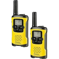 National Geographic Walkie-Talkie 9111400 2 kompaktu radioaparātu komplekts ar ļoti lielu darbības rādiusu līdz 6 km brīvroku funkciju un integrētu kabatas lukturīti melns/dzeltens