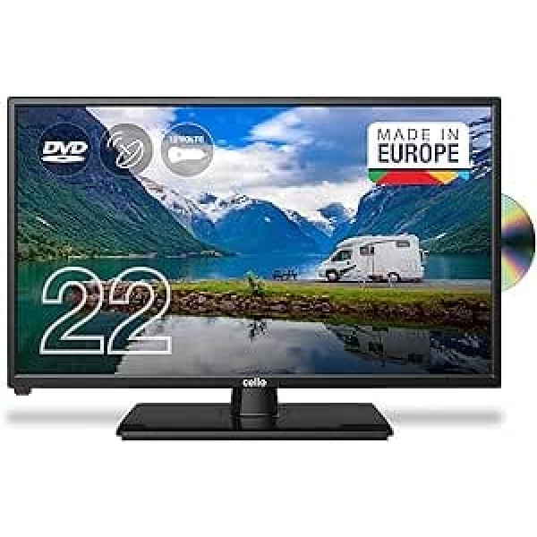 Cello 12 voltu C2220FMTRDE 22 collu (65 cm pa diagonāli) Traveler Full HD LED digitālais televizors ar iebūvētu DVD atskaņotāju DVBT2 S2 trīskāršu uztvērēju un 12 V/24 V, kas paredzēts kravas automašīnām ar dzīvojamo māju.