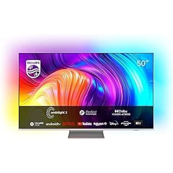 Philips 50PUS8807/3 50 collu televizors, 4K UHD, HDR10 UHD, HDR10+, 50 Hz, Dolby Vision un Atmos, 120 pusēju Ambilight, viedais televizors ar Google palīgu, darbojas ar Alexa, trīskāršs uztvērējs, gaiši pelēks (2022)