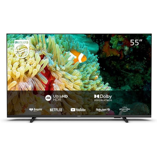 Philips 55PUS7607/12 139 cm (55 Zoll) Fernseher (4K UHD, HDR10+ saderīgs, 60 Hz, Dolby Vision & Atmos, viedais televizors (darbojas ar Google palīgu), trīskāršais uztvērējs, Mattschwarz) [Modelljahr 2022]