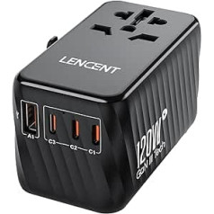 LENCENT starptautiskais ceļojumu adapteris, 120 W GaN3 universālais adapteris ar 3 PD3.0 Type C+1 QC USB A, pasaules mēroga adapteris mobilajiem tālruņiem, viss vienā ceļojumu spraudnis ES/ASV/UK/AU ligzdām, melns