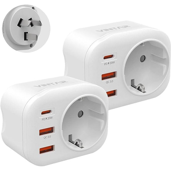 VINTAR 2PC 20W Austrālijas ceļojumu adapteris, 4 vienā PD un QC 3.0 ātrā lādētāja spraudņa adapteris ar 2 USB portiem un 1 USB-C portu Austrālijai, Argentīnai, Ķīnai, I tips