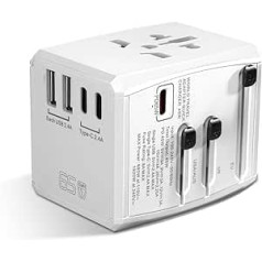 Ceļojumu adapteris visā pasaulē, PD65W universāls ceļojumu spraudnis ar 2 USB, 3 USB-C, 1 maiņstrāvas ligzda, starptautiskais kontaktligzdas adapteris līdz pat 6 ierīcēm vienlaikus Uzlāde ES ASV UK AUS