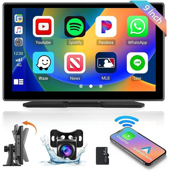 Hikity portatīvais Carplay automašīnas radio ar 9 collu ekrānu, bezvadu Apple Carplay Android automašīnas spoguļa saites atbalsts FM raidītājs Bluetooth USB AUX + 64 GB TF karte + AHD atpakaļgaitas kamera 7-32 V