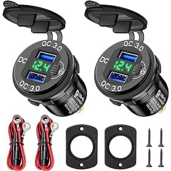 QC 3.0 Car USB Socket, 12 V/24 V Dual USB Quick Charge 3.0 Car Charger Installation Waterproof with On/Off Switch & Blue LED Voltmeter for Boat, Motorcycle, SUV, Truck, Caravan, Marine, Green, Pack of