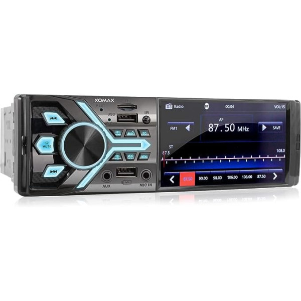 XOMAX XM-V424 automašīnas radio ar 4,1 collu / 10 cm ekrānu I Bluetooth brīvroku komplekts I RDS I MP3 I MP5 I ID3 I 2 x USB, SD, AUX-IN, MIC-IN I pieslēgvietas atpakaļgaitas kamerai I USB uzlādes funkcija I 1 DIN