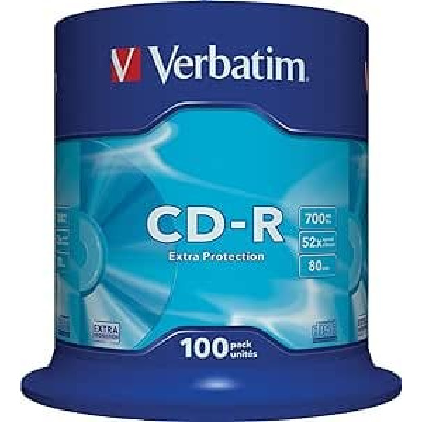 Verbatim CD-R Extra Protection, CD-Rohlinge mit 700 MB Datenspeicher, ideal für Foto- und Video-Aufnahmen, kompatibel mit jedem konventionellen CD-Laufwerk, 100er Pack Spindel