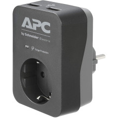 APC pārsprieguma aizsargs — PME1WU2B-GR — ligzdas adapteris ar pārsprieguma aizsardzību (1 Schuko spraudnis, 2 USB uzlādes izejas, melns)