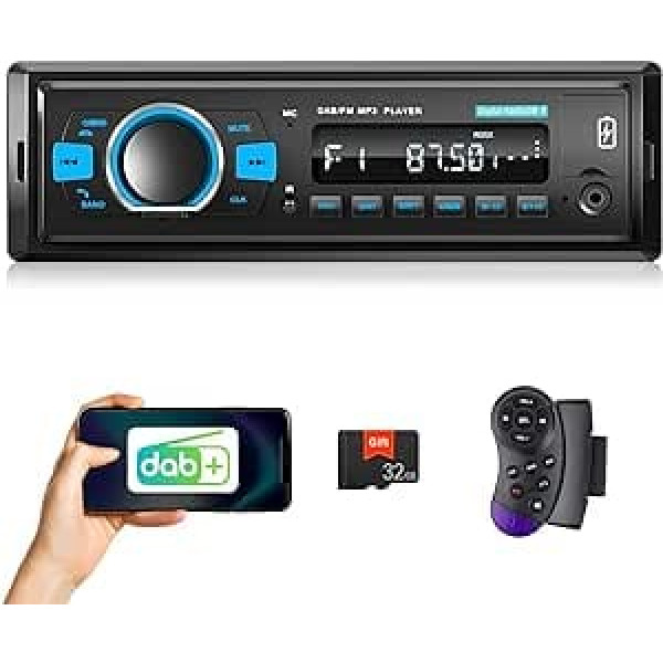 DAB + automašīnas radio ar Bluetooth 1 DIN digitālā multivides atskaņotāja atbalsts FM radio automašīnas MP3 atskaņotājs EQ stūres vadība USB/AUX ieeja/SD/TF karte + 32G SD karte